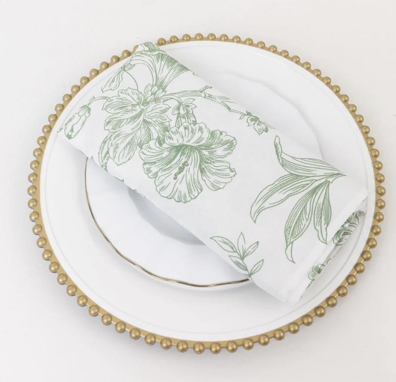 May include: A white plate with a gold beaded rim and a smaller white plate inside. A folded white napkin with a green floral design rests on the plates. The napkin features a botanical illustration of flowers and leaves.