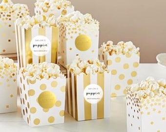 Gold Custom Popcorn Boxes-  LOVE IS POPPIN  Disposable Boxes, Snack Boxes, custom Popcorn Cart Boxes- Gourmet Party Favor Bags Label option
