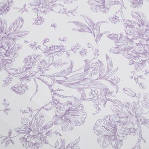 May include: A white background is covered with a repeating pattern of purple floral illustrations. The design features detailed drawings of various flowers, leaves, and vines, creating a classic, elegant aesthetic. The floral elements are rendered in a delicate, illustrative style.
