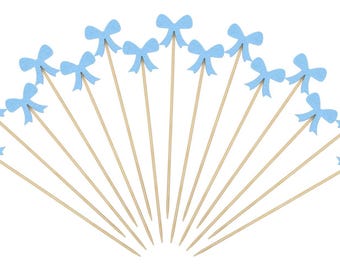 Blue Bows  Disposable Wooden Skewer, Fruit Fork Dessert Pick, Cocktail Skewer, Wood Appetizer Pick