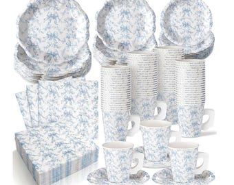 May include: A collection of disposable tableware featuring a blue bow pattern on a white background. The set includes plates, cups, saucers, and napkins, perfect for a party or event. The plates and napkins are stacked, and the cups are arranged in neat rows.