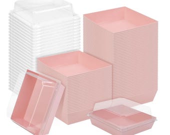 May include: A stack of clear plastic lids and several stacks of pink square containers with clear lids. The containers are empty and ready for use. The containers are a light pink color.