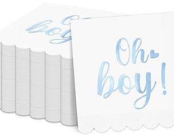 May include: White paper napkins with a scalloped edge, stacked together. The napkins feature the phrase "Oh boy!" in light blue script, with a small blue heart. Ideal for a baby shower or gender reveal party.