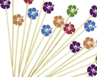 Hibiscus Disposable Wooden Skewer, Luau Fruit Fork Dessert Pick, Cocktail Skewer, Wood Appetizer Pick