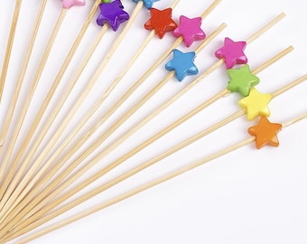 Colored Stars  Disposable Wooden Skewer, Fruit Fork Dessert Pick, Cocktail Skewer, Wood Appetizer Pick