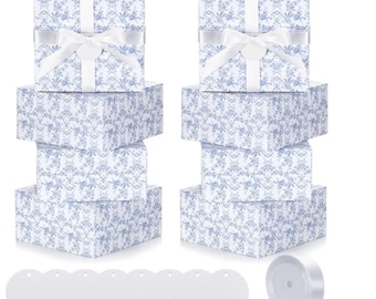 Blue Toile Gift Boxes- Floral Boxes with Ribbon and Tags- Flower Disposable Boxes, Snack Boxes, Charcuterie Boxes- Gourmet Party Favor Box