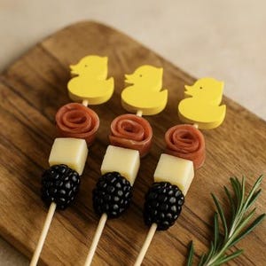 May include: Three skewers with food items. Each skewer has a yellow duck-shaped topper, a rolled meat slice, a square of cheese, and a blackberry. The skewers are on a wooden cutting board with a sprig of rosemary.