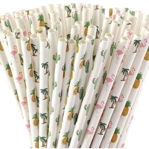 May include: A bundle of paper straws with a tropical theme. The straws are white with repeating patterns of pineapples, palm trees, cacti, and pink flamingos. The straws are designed for beverages.