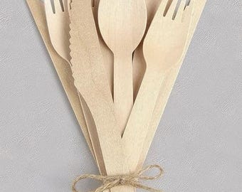 May include: A bundle of disposable wooden cutlery, including forks, knives, and spoons, tied together with twine. The light-colored utensils are arranged in a fan shape against a gray background, showcasing an eco-friendly alternative to plastic.