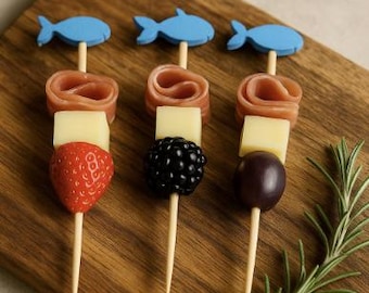 Blue Fish Disposable Wooden Skewer, Fruit Fork Dessert Pick, Cocktail Skewer, Wood Appetizer Pick