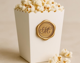 Custom Popcorn Boxes - Luxury Wedding Favors - Initial Wax Seal Disposable Boxes, Luxury Snack Boxes, Popcorn Cart- Gourmet Party Favour