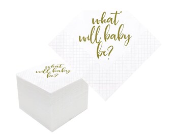 May include: White paper napkins with gold script reading "what will baby be?" A stack of napkins is on the left, with a single napkin on the right. The napkins have a subtle grid pattern.