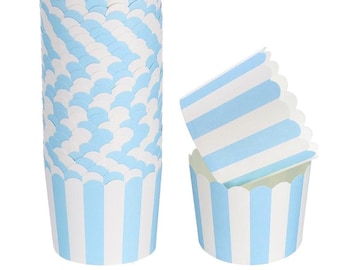 May include: A stack of blue and white striped cupcake liners with scalloped edges. Two additional liners are displayed, one nested inside the other. The liners are light blue and white, perfect for baking cupcakes or muffins.