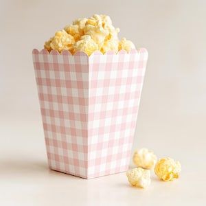 May include: A pink and white checkered popcorn box filled with caramel popcorn. Three pieces of popcorn are scattered around the box. The box has a scalloped top edge and a trapezoid shape.