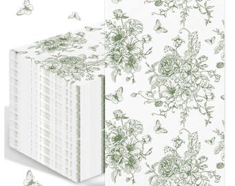 May include: White paper napkins with a green floral and butterfly pattern. The napkins display detailed illustrations of flowers and butterflies, giving a delicate and elegant appearance. The design is repeated across the surface of each napkin.