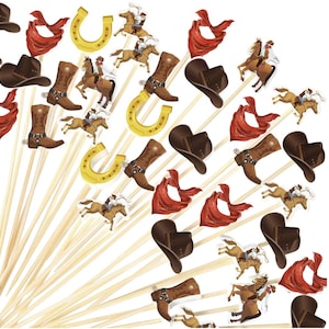 May include: A collection of cowboy-themed party decorations on wooden skewers. The decorations include brown cowboy hats, boots, red bandanas, yellow horseshoes, and images of cowboys riding horses. These are ideal for a Western-themed party.