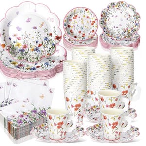 Wildflower Floral Paper Plates, Cups, Napkins Set – Garden Party Tableware