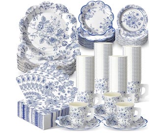 Toile Luncheon Set-  Toile Plates, Cups, Saucers Set, Chinoiserie Tea Cup Party Favors Disposable Charcuterie, Gourmet Party Favor Blue Pink