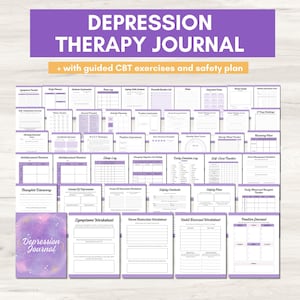 May include: A purple and white Depression Therapy Journal with guided CBT exercises and a safety plan. The journal includes various worksheets and logs for tracking symptoms, emotions, and thoughts. The cover features the words "Depression Journal" in a cursive font.