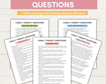 Può includere: Un download digitale con 500 domande di terapia familiare, organizzate in categorie come benessere emotivo e comunicazione. Il documento è in formato US Letter/A4, con frasi di apertura e chiusura.