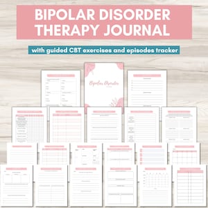 May include: A collection of white journal pages with pink accents, designed for therapy. The cover reads "Bipolar Disorder Therapy Journal" with the subtitle "with guided CBT exercises and episodes tracker."