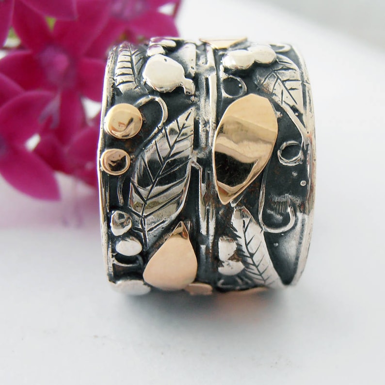 Wedding Band statement ring 14kt gold ring. Wedding Ring Silver and gold Flower Ring Wide Silver Band Israeli Jewelry Israeli Ring