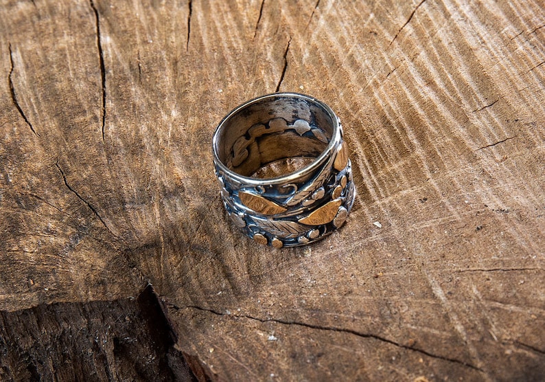 Wedding Band statement ring 14kt gold ring. Wedding Ring Silver and gold Flower Ring Wide Silver Band Israeli Jewelry Israeli Ring
