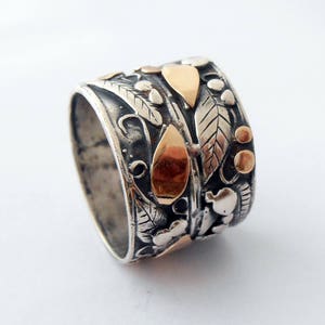 Silver and gold Flower Ring, Wide Silver Band,  Wedding Band, statement ring, Wedding Ring, Israeli Ring, Israeli Jewelry, 14kt gold ring.