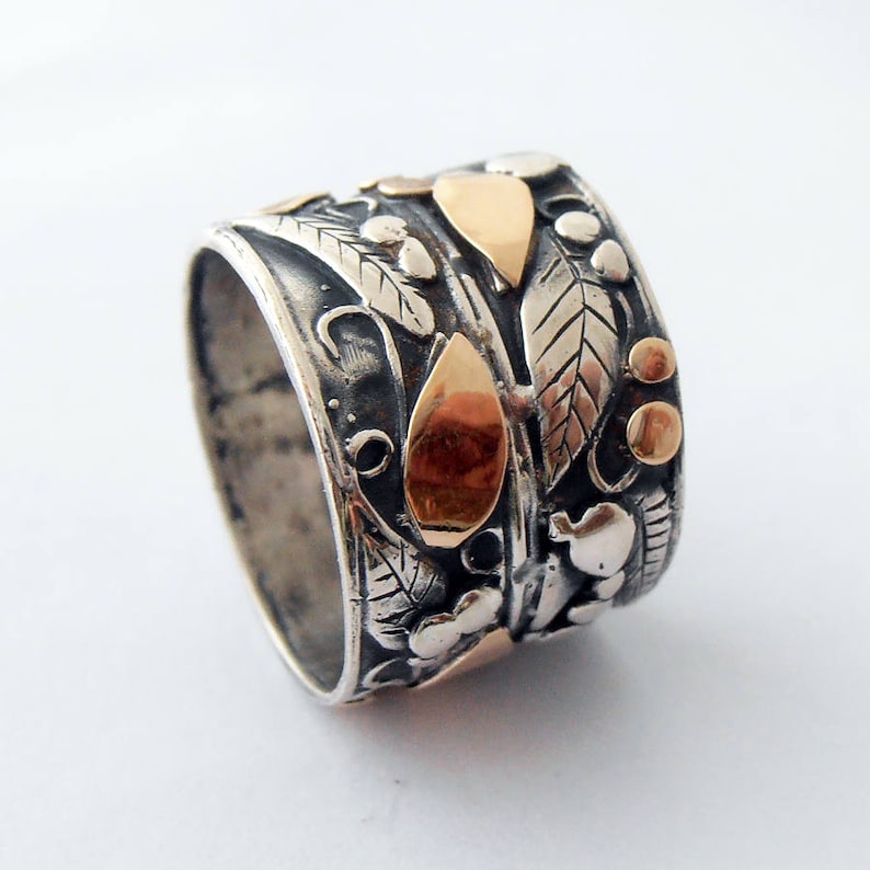 Wedding Band statement ring 14kt gold ring. Wedding Ring Silver and gold Flower Ring Wide Silver Band Israeli Jewelry Israeli Ring