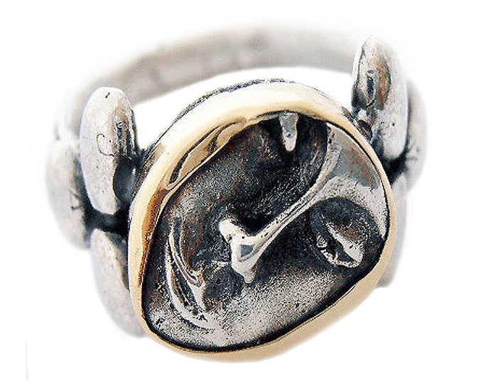 Unique Israeli Rings Handmade Sterling Silver and 14k Gold Face Ring, Israeli Jewelry ...