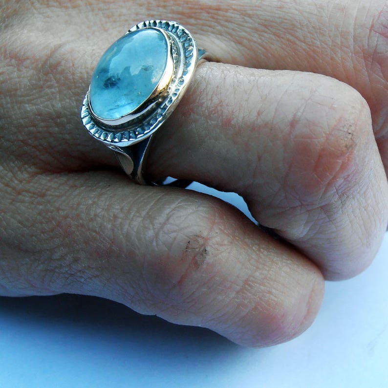 Aquamarine Ring, Silver & 14k Gold Ring, Blue Stone, Israeli Jewelry, Blue Gemstone Ring, Statement Ring, Free Shipping image 3