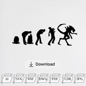 Peut inclure: Un graphique en silhouette noire représentant l'évolution d'une créature extraterrestre, partant d'un œuf, passant par une interaction humaine et se terminant par un xénomorphe. Sous le graphique se trouvent un bouton de téléchargement et sept icônes.