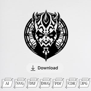 May include: A black and white digital graphic featuring a stylized portrait of a horned character with facial markings inside a circular frame. Below the graphic is a download button and a row of seven file format icons labeled AI, SVG, DXF, DWG, PDF, CDR, and JPG.