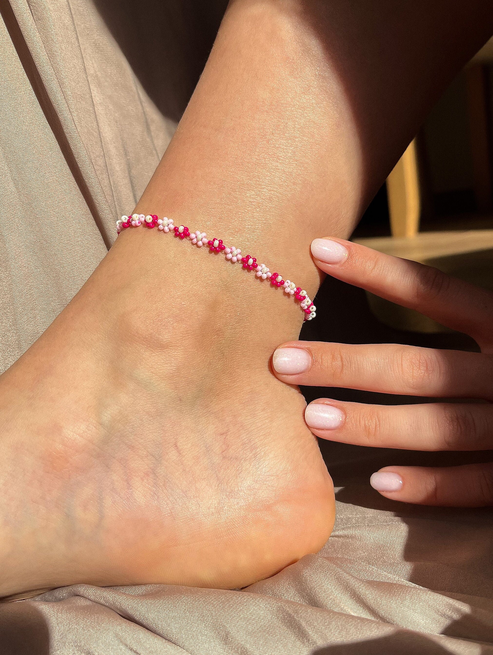 Pink Flower Bead Anklet | Daisy Ankle Bracelet | Pastel Colors Anklet ...