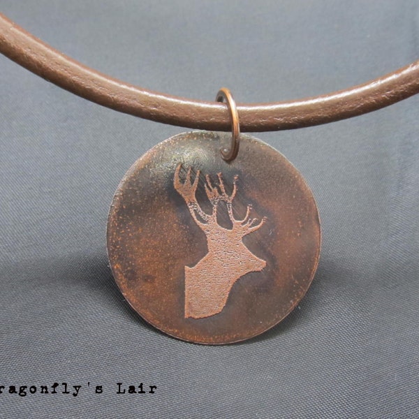 Unisex Acid-etched Elk on Copper Disc with Greek Leather