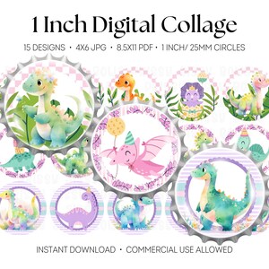 Könnte beinhalten: Eine digitale Collage mit 15 Dinosaurier-Designs in 25-mm-Kreisen. Die Illustrationen zeigen farbenfrohe Dinosaurier mit floralen und Party-Akzenten. Der Text oben lautet "1 Inch Digital Collage".
