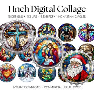 Pode incluir: Uma colagem digital com 15 designs, cada um com aproximadamente 25 mm de diâmetro. Os designs incluem imagens de vitrais de uma cruz, cenas de Natal e Papai Noel. O texto "1 Inch Digital Collage" está no topo.