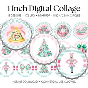 May include: Digital collage sheet featuring 15 Christmas-themed designs. The designs include a bell, Christmas tree, gifts, wreath, sleigh, ornaments, bow, and a nutcracker. Each design is 1 inch in diameter. The color palette includes pink, teal, and silver.