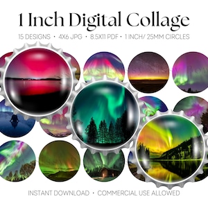 Op de afbeelding: Digitale collage-vel met 15 ontwerpen van cirkels van 25 mm, elk met afbeeldingen van het noorderlicht. De achtergrond is wit. Tekst bevat "1 Inch Digital Collage", "15 Designs" en "Instant Download".