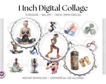 Imágenes de tapones de botellas de yoga de 1 pulgada, collage digital de ejercicio de chica gris, suministros para manualidades circulares, centro de pines de fitness, botón, imán, cabujones de 25 mm, 0233