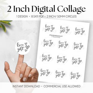 Puede incluir: Un collage digital con pegatinas redondas con el texto "free gift" e ilustraciones de corazones. Las pegatinas tienen 50 mm de diámetro. La imagen también incluye el texto "2 Inch Digital Collage" e "Instant Download".