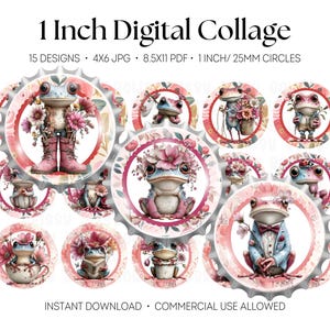 May include: Digital collage featuring whimsical frog illustrations. Each frog is adorned with flowers, clothing, or accessories, set within a decorative 1-inch (25mm) circle. Text includes "1 Inch Digital Collage" and "Instant Download".