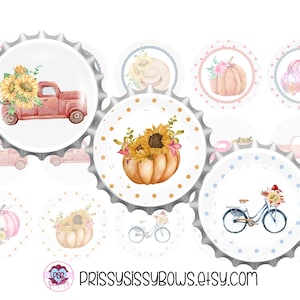 Immagini di tappi di bottiglia da 1 pollice grigi, rosa e viola autunnali di camion, biciclette e zucche per fiocchi per capelli, bobine di badge, magneti e articoli per l'artigianato/ 0223