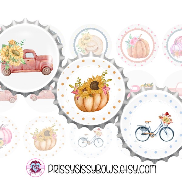 Gray, Pink, and Purple Fall 1 Inch Bottle Cap Images of Trucks, Bikes, and Pumpkins for Hair Bows, Badge Reels, Magnet, & Craft Supply| 0223