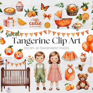 Puede incluir: Conjunto de imágenes prediseñadas de acuarela con un dulce tema de mandarina. Incluye ilustraciones de naranjas, magdalenas, una cuna, globos y dos niños. El texto dice "Sweet Tangerine Clip Art".