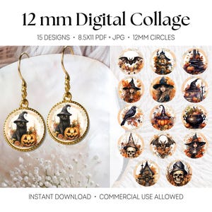 May include: A pair of gold-toned drop earrings featuring circular charms with a black cat and pumpkin illustration. Beside them is a digital collage sheet displaying 15 circular Halloween-themed designs, including bats, witches, skulls, and haunted houses.