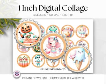 Orange Summerween Digital Collage, Halloween One Inch Bottle Cap Images, Pumpkin Printable Instant Download, JPG PDF, Hair Bow Supply, 0306
