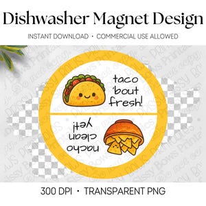 Puede incluir: Un diseño circular de imán para lavavajillas con un borde amarillo y una línea horizontal que divide dos secciones. La mitad superior muestra un taco de dibujos animados con el texto taco 'bout fresh! La mitad inferior muestra un tazón de nachos con el texto nacho clean yet!