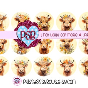Fonte de artesanato para tampa de garrafa de vaca Highland Cow para centro de laço de cabelo, ímã, colar, carretel de crachá, topper de cupcake | Cabochões 25mm 1 polegada