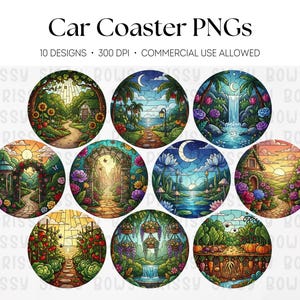 May include: A collection of ten circular car coaster designs. Each coaster features a unique, colorful illustration of a garden scene, including pathways, flowers, and architectural elements. The text "Car Coaster PNGs" is at the top.